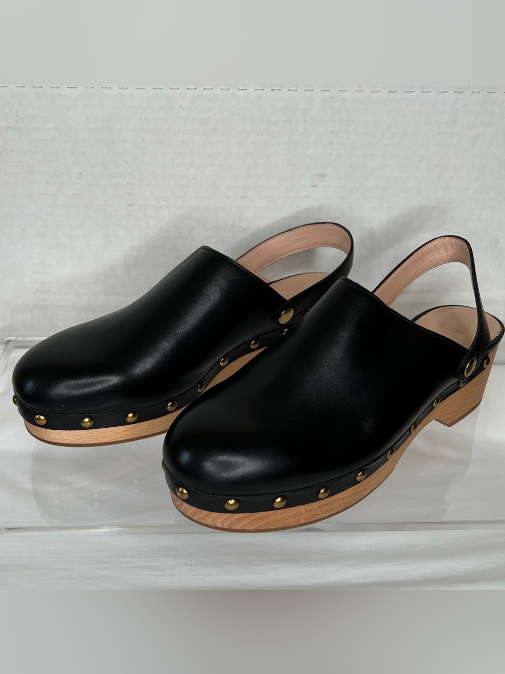 J Crew Grace Convertible Black Leather Clogs w/Stud detailing, Size 9